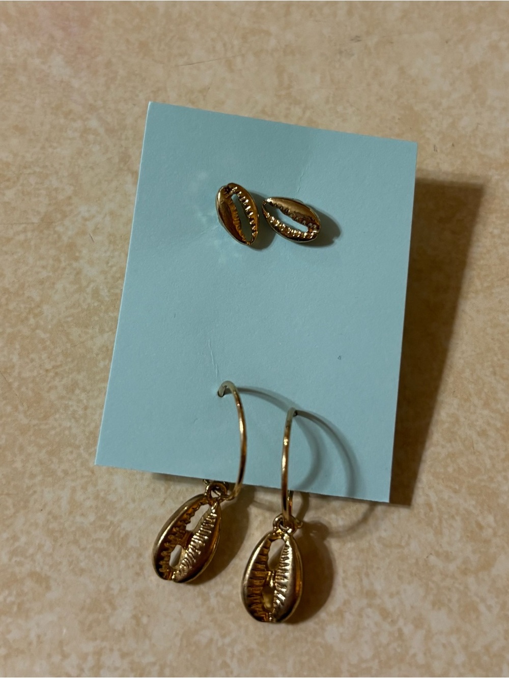 Gold Cowrie Shell Hoop Earrings and Stud Set